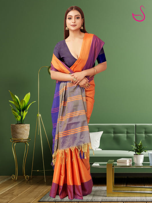 Orange & Purple Plain Tissue Silk Saree