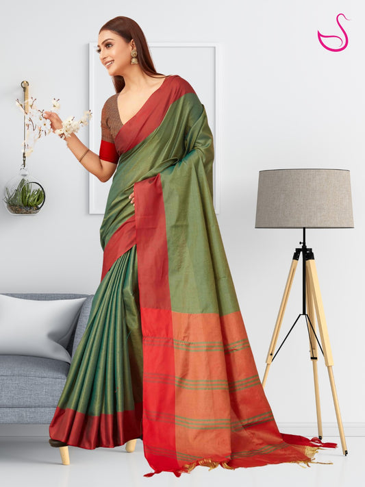 Olive Green & Maroon Plain Tissue Silk Saree