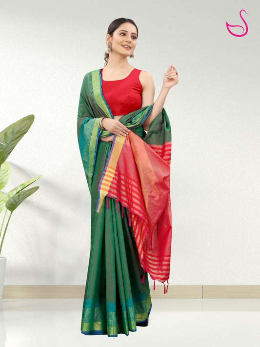 Dark Green Lightweight Soft Silk Finish Saree