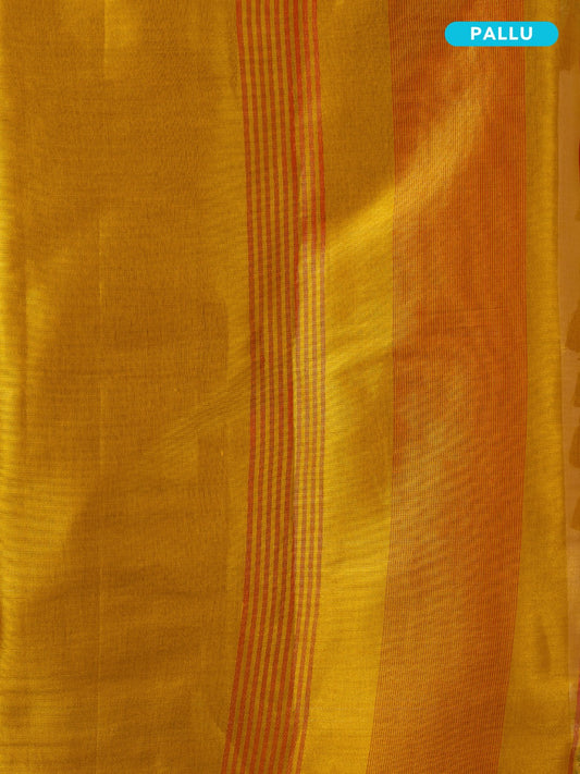 Close-up of a yellow fabric with red stripes and 'Pallu' label.