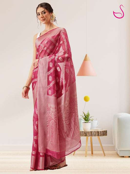 Rani Pink Organza Saree with Gold Weave