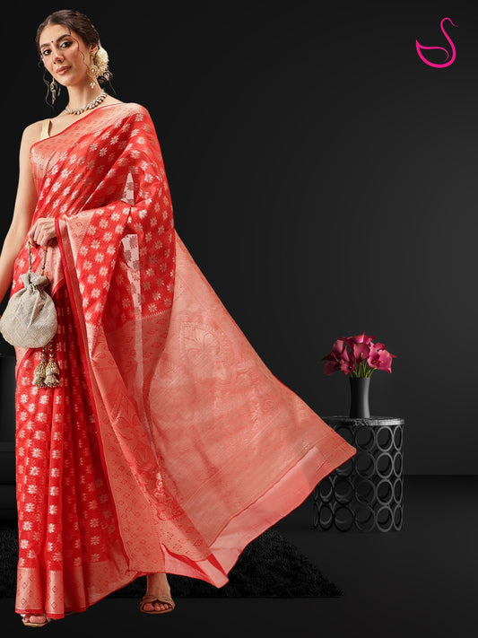 Red Organza Saree with Gold Floral Motifs