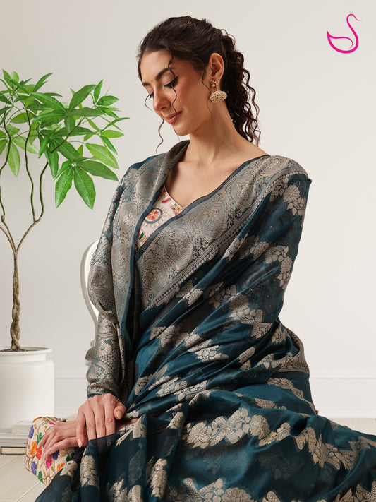 Teal Organza Saree with Gold Floral Weave