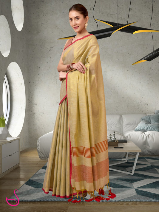 Beige Gold Mul Tissue Saree with Red Border