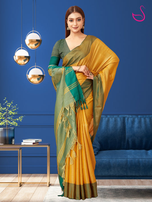 Yellow & Green Plain Tissue Silk Saree