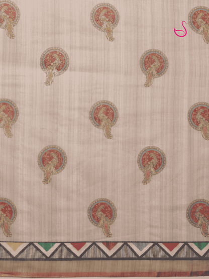 Beige Cotton Blend Saree with Madhubani Prints
