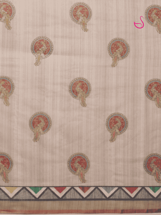 Beige Cotton Blend Saree with Madhubani Prints