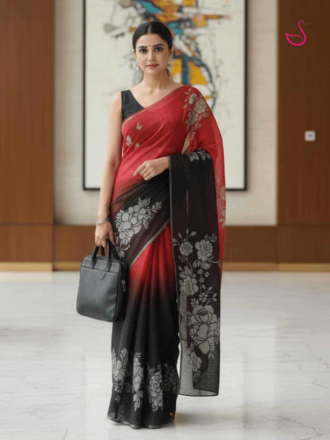 Black & Red Cotton Tissue Half & Half Saree