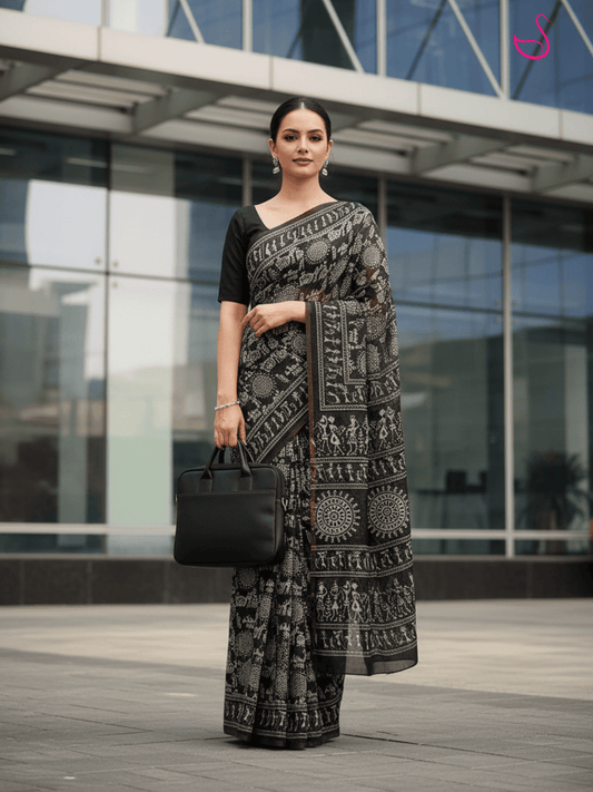 Black Cotton Blend Saree with Warli Prints