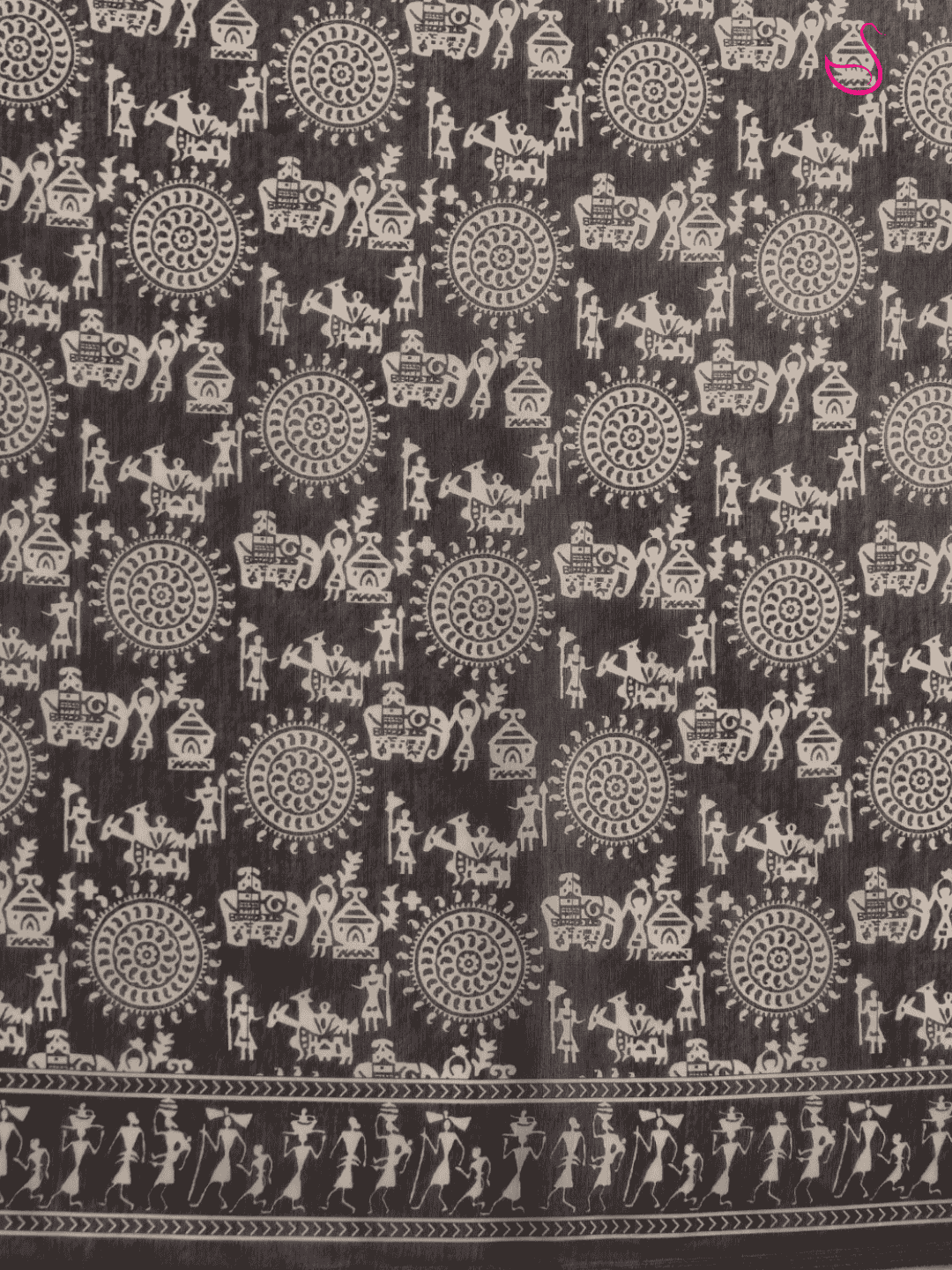 Black Cotton Blend Saree with Warli Prints
