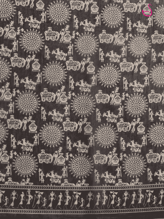 Black Cotton Blend Saree with Warli Prints