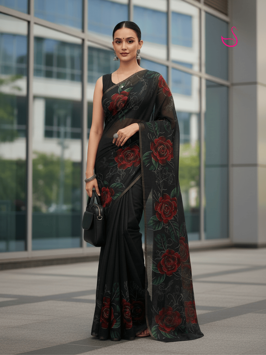 Black Cotton Blend Saree with Floral Prints