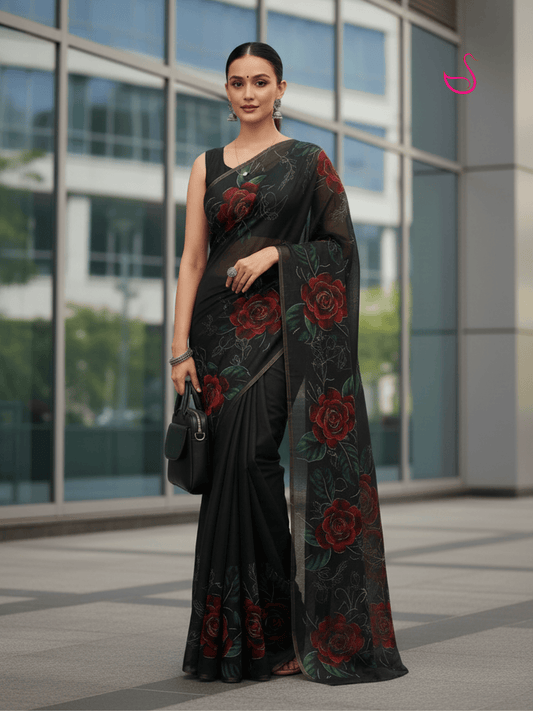 Black Cotton Blend Saree with Floral Prints