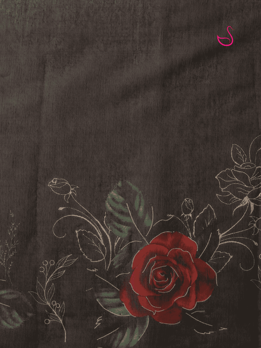 Black Cotton Blend Saree with Floral Prints