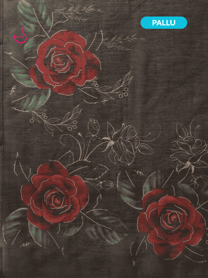 Black Cotton Blend Saree with Floral Prints