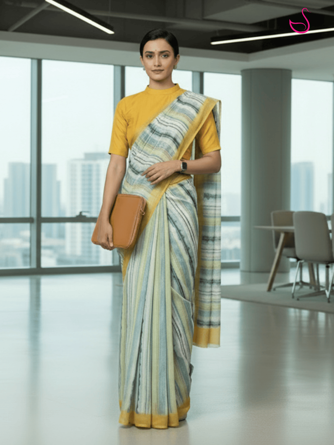 Blue Cotton Blend Saree with Striped Prints
