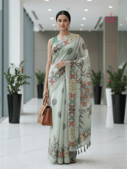 Pastel Green Cotton Blend Saree with Madhubani Prints