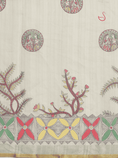 Pastel Green Cotton Blend Saree with Madhubani Prints
