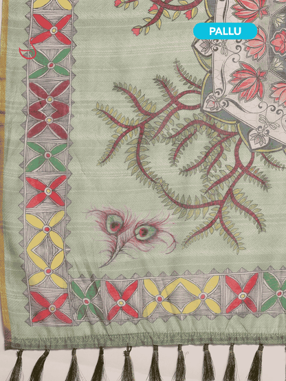 Pastel Green Cotton Blend Saree with Madhubani Prints