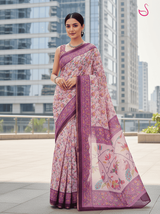 Lavender Cotton Blend Saree with Floral Prints
