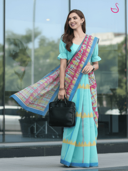 Multicolor Cotton Blend Saree with Geometric Prints