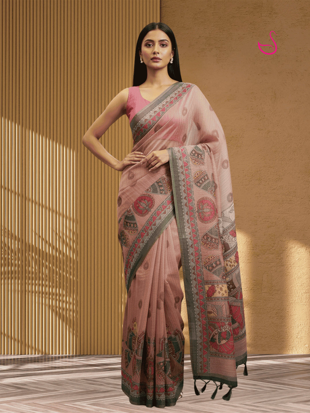 Multicolour Cotton Blend Saree with Madhubani Prints