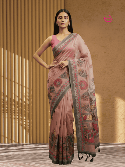 Multicolour Cotton Blend Saree with Madhubani Prints