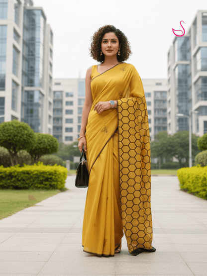 Mustard Yellow Cotton Blend Saree with Bee & Honeycomb Design