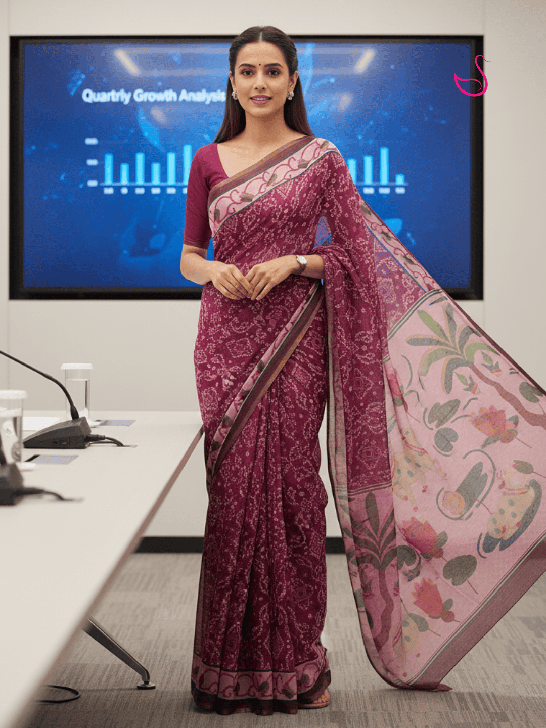Raspberry Pink Cotton Blend Saree with Bandhani Print & Scenic Pallu
