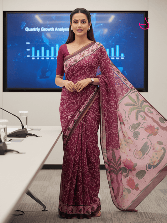 Raspberry Pink Cotton Blend Saree with Bandhani Print & Scenic Pallu