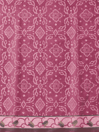 Raspberry Pink Cotton Blend Saree with Bandhani Print & Scenic Pallu