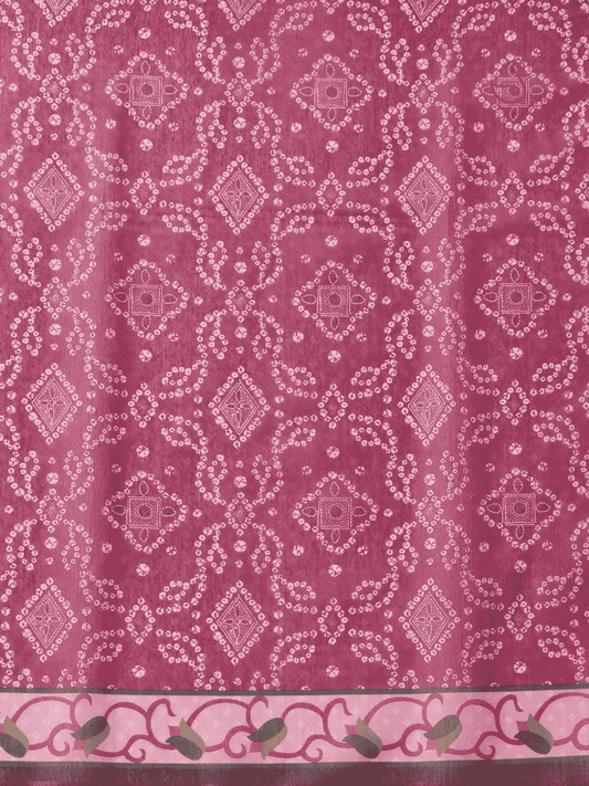 Raspberry Pink Cotton Blend Saree with Bandhani Print & Scenic Pallu