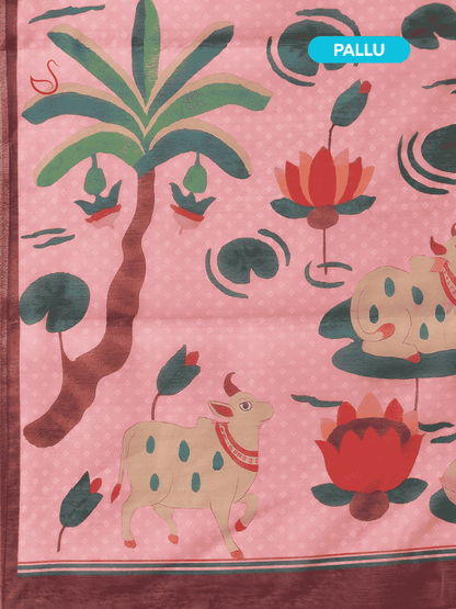 Raspberry Pink Cotton Blend Saree with Bandhani Print & Scenic Pallu