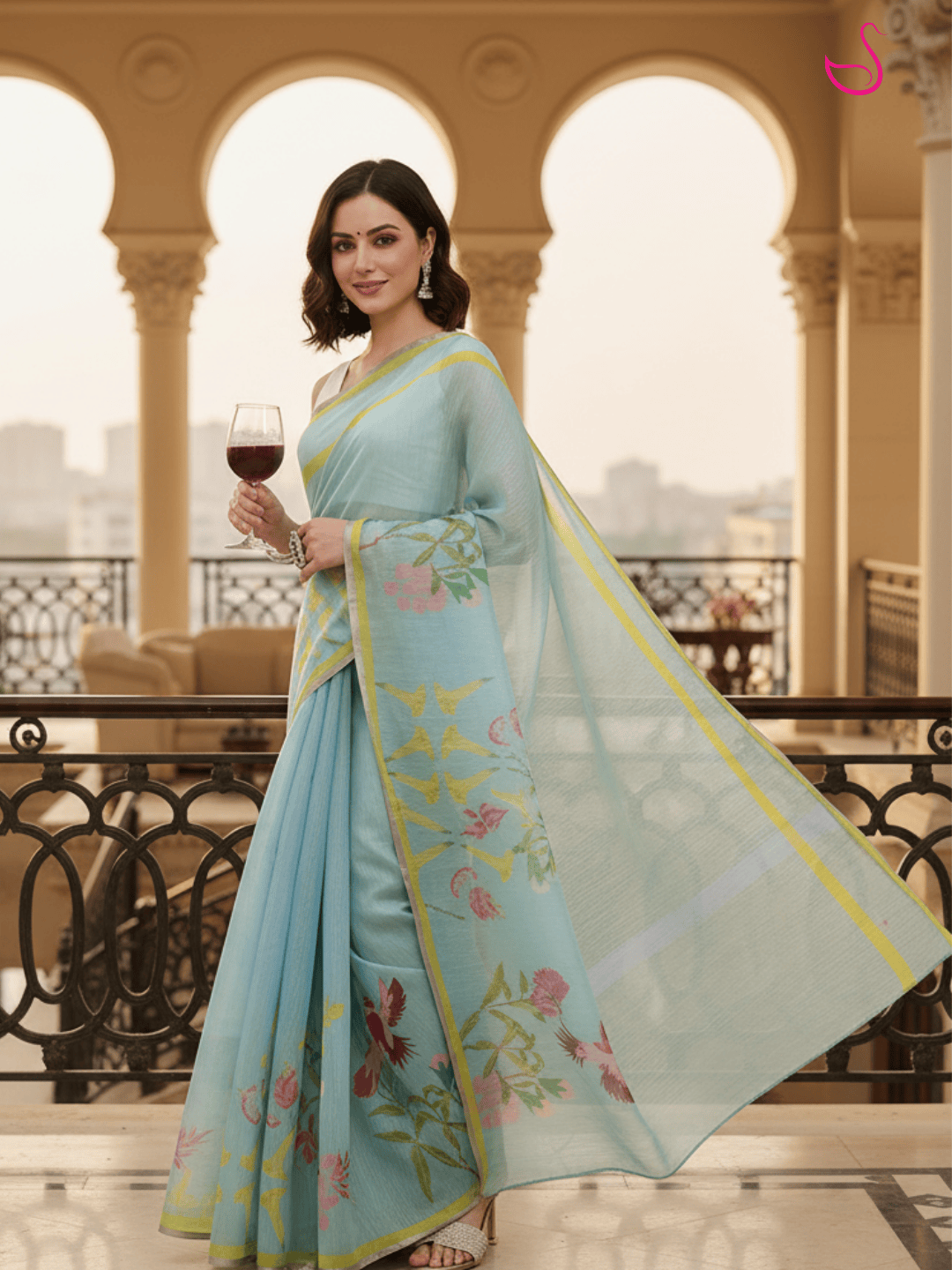 Sky Blue Cotton Tissue Saree with Floral Prints