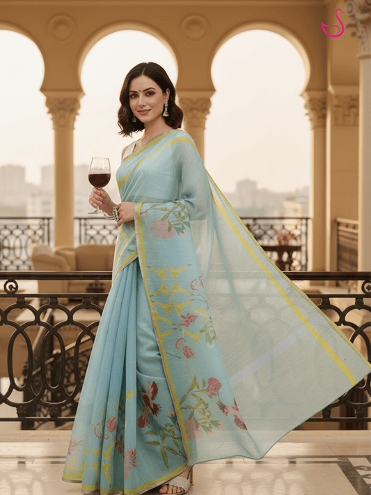 Sky Blue Cotton Tissue Saree with Floral Prints