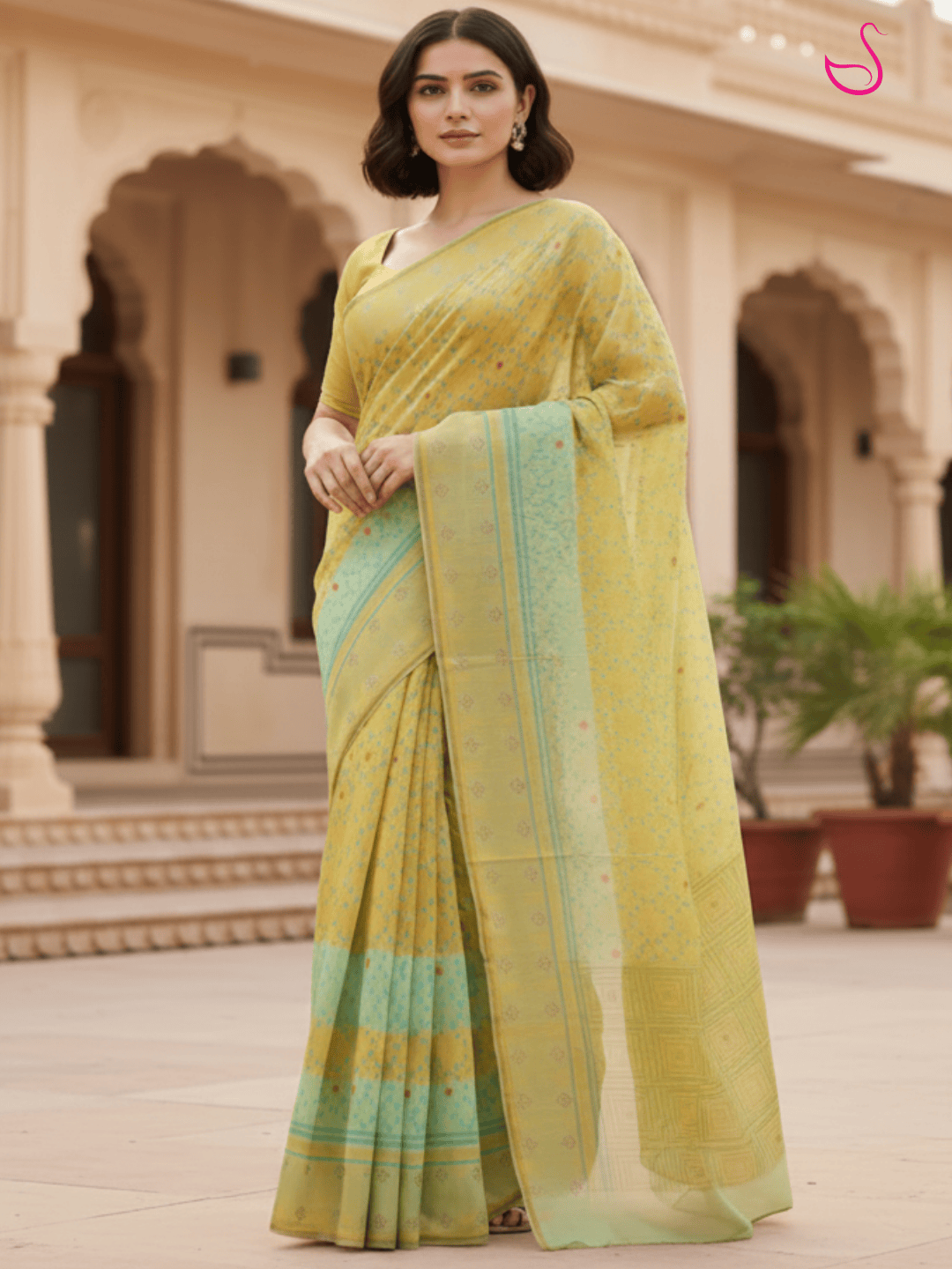 Yellow Cotton Blend Saree with Geometric Designs