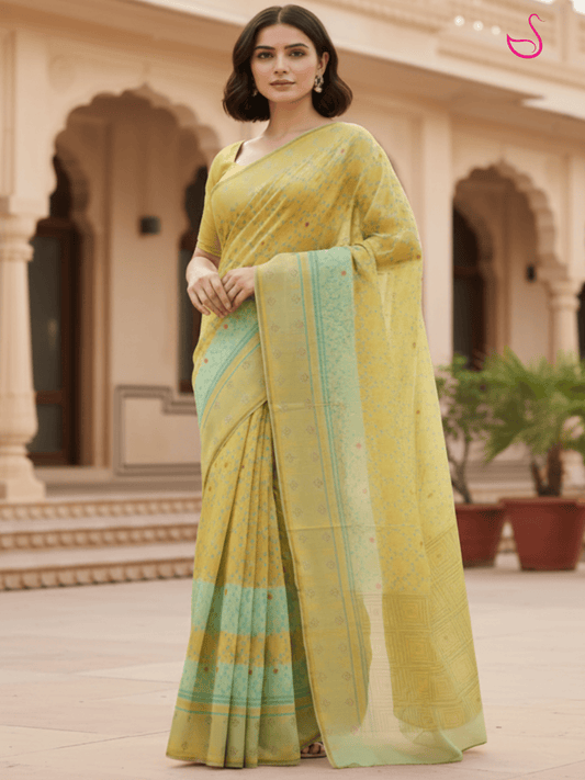 Yellow Cotton Blend Saree with Geometric Designs