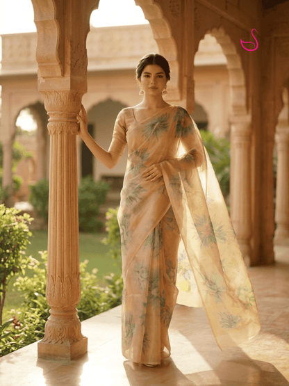 Beige Gold Tissue Silk Saree with Floral Prints