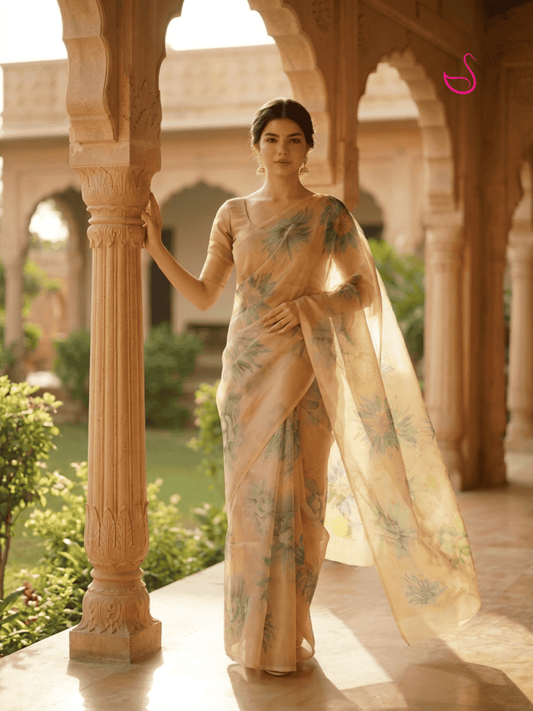 Beige Gold Tissue Silk Saree with Floral Prints