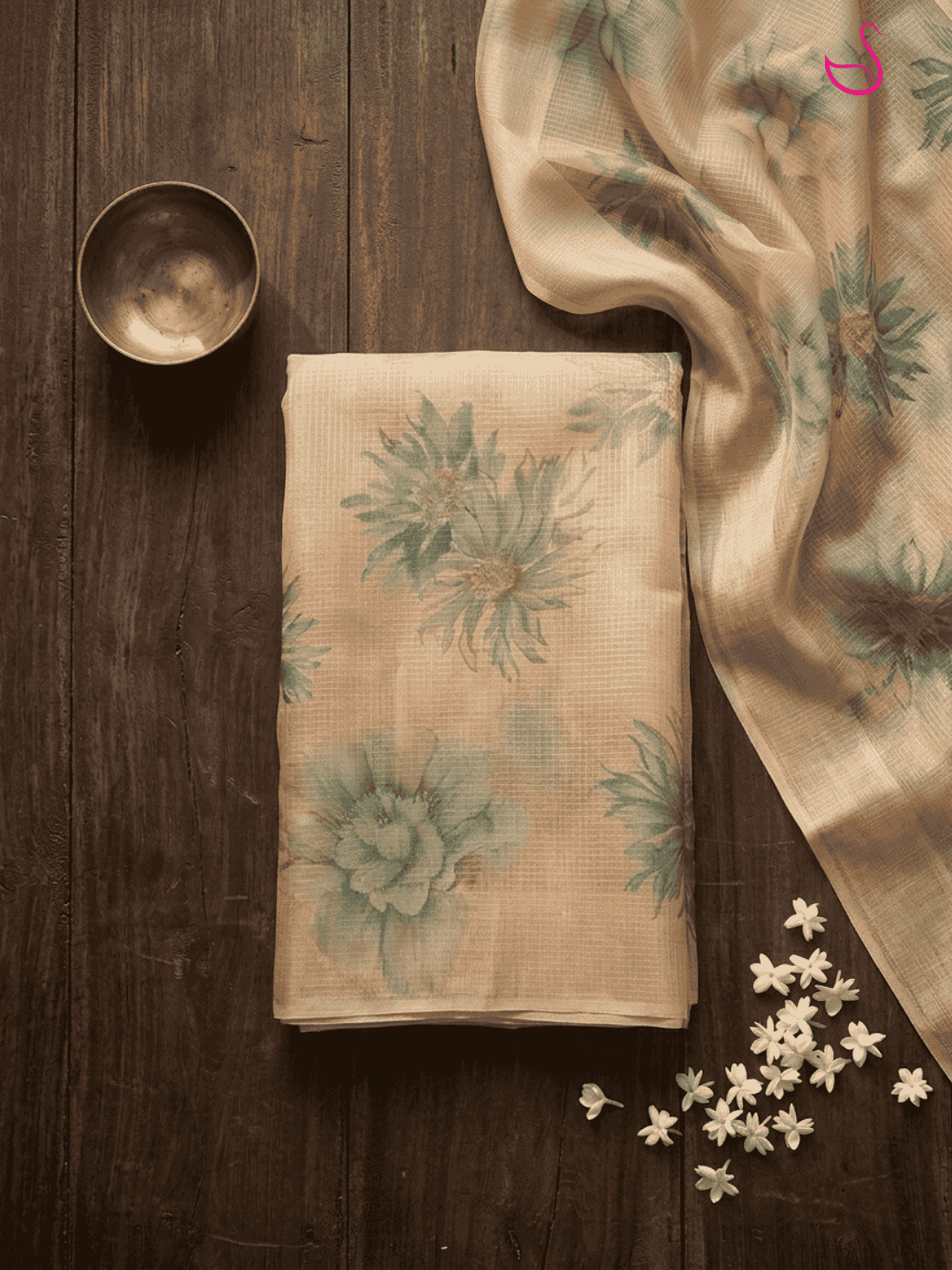 Beige Gold Tissue Silk Saree with Floral Prints