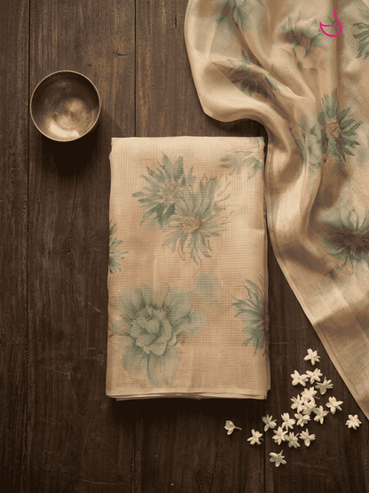 Beige Gold Tissue Silk Saree with Floral Prints