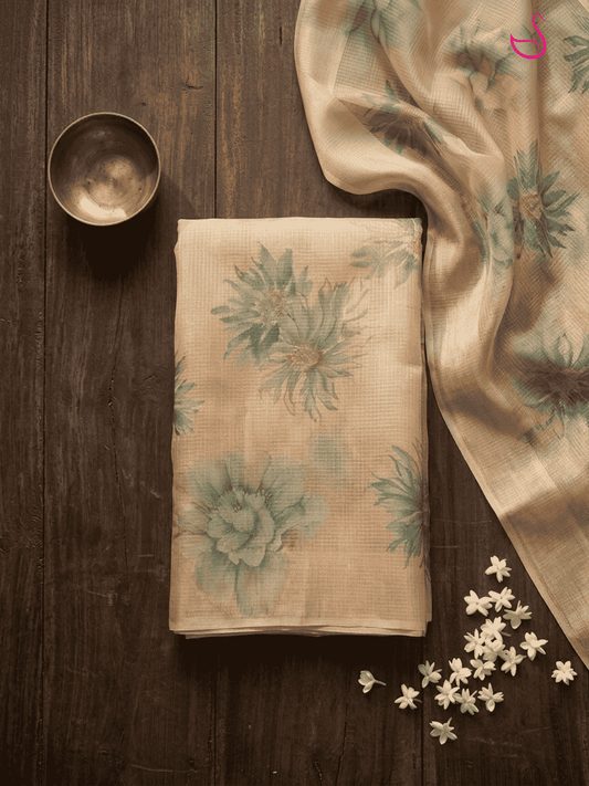 Beige Gold Tissue Silk Saree with Floral Prints
