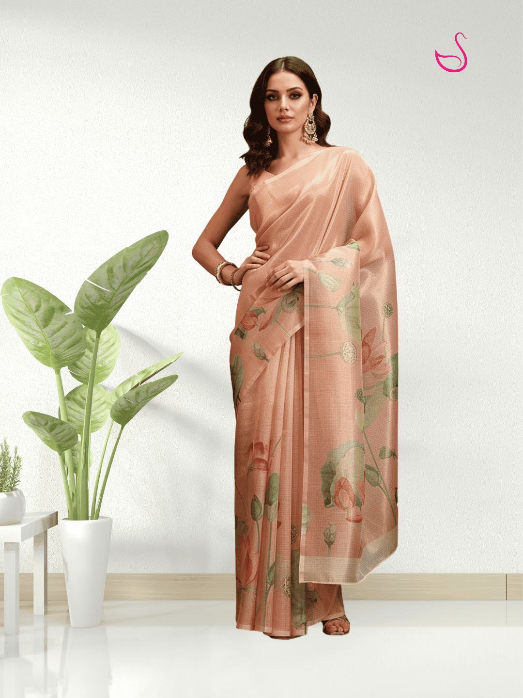 Peach Tissue Silk Saree with Floral Prints