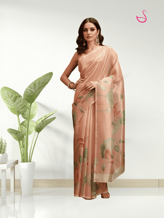 Peach Tissue Silk Saree with Floral Prints