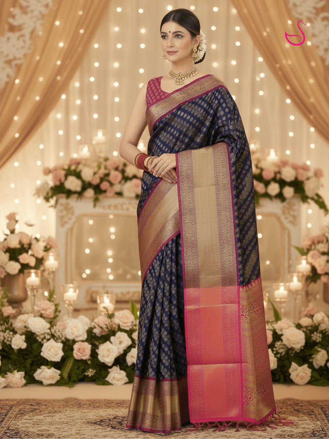 Navy Blue Semi Silk Saree with Laheriya woven patterns