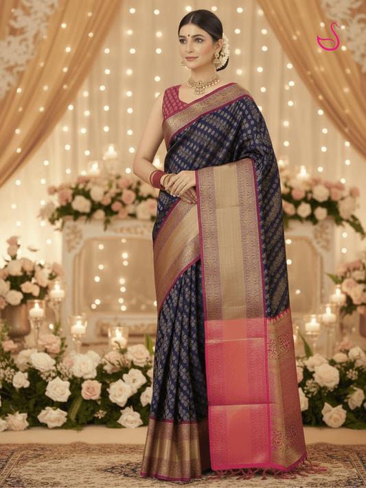 Navy Blue Semi Silk Saree with Laheriya woven patterns