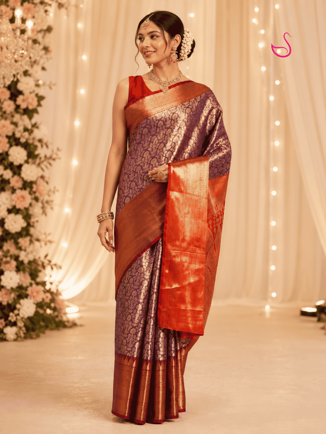 Purple Zari Tissue Silk Saree with Orange Pallu
