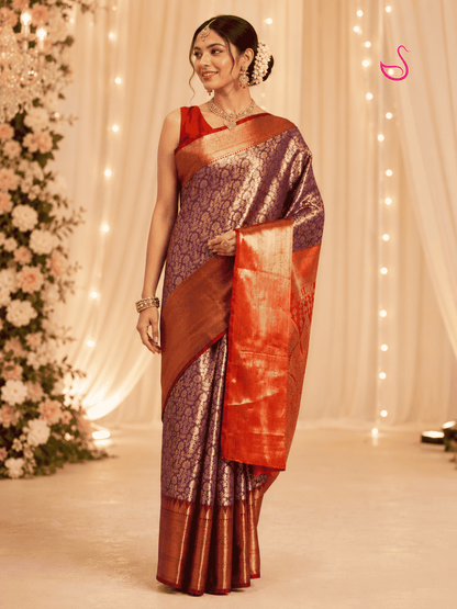 Purple Zari Tissue Silk Saree with Orange Pallu
