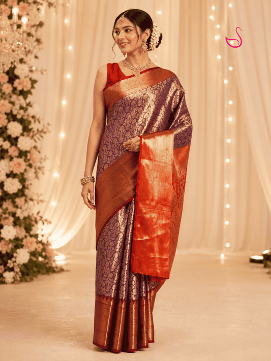 Purple Zari Tissue Silk Saree with Orange Pallu