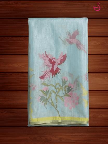 Sky Blue Cotton Tissue Saree with Floral Prints